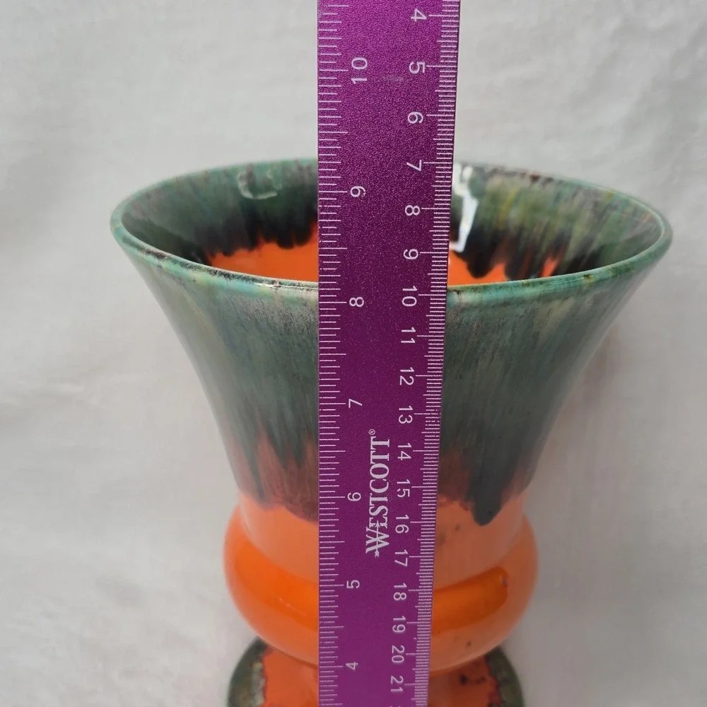 Lane & Co Pottery Vase 1961 MCM Orange Green Drip Glaze Psychedelic Vintage 7.5